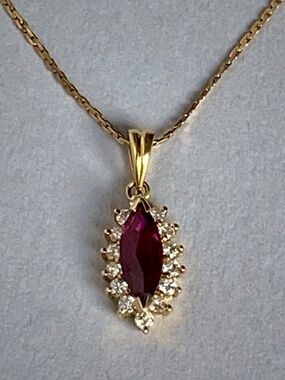 Vintage Ruby Diamond Halo Pendant 18K Gold Marquise Ruby Dainty Fine Jewelry